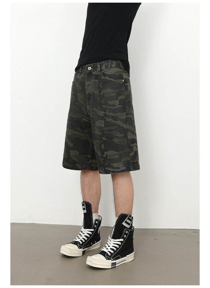 Quần short nam denim họa tiết rằn ri phong cách công sở đi biển — Màu trắng, Màu đen, Màu đất gỉ sét, Ngụy trang màu mơ chi tiết 11
