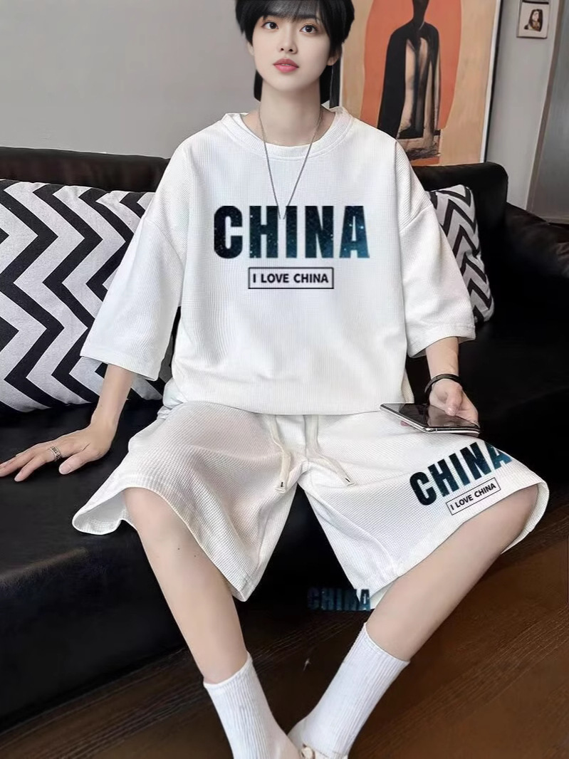 Camisas menos ropa verano para hombres nuevo waffle traje de manga corta deportes casuales de dos piezas en uno guapo y suelto