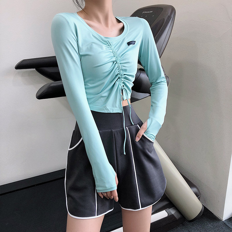 Drawstring Short Navel Exhibiding Fitness Clothes Women's Sexy Slimming Tight Sports Long Sleeve Running Yoga T-shirt Top Spring and Autumn