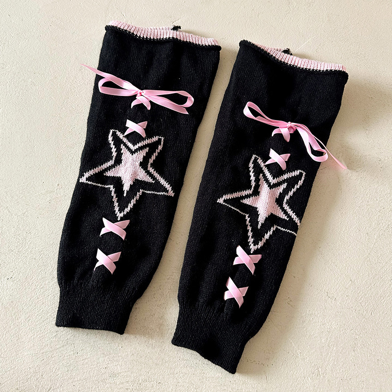 Knitted Bell-Bottom Socks for Women with Ribbon Stars, Calf Socks, Leg Warmers, Subculture Y2K Style, Unique Stacked Socks, Versatile