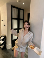 气质慵懒长袖衬衫女开衫夏季辣妹高腰包臀半身裙短裙时尚两件套潮