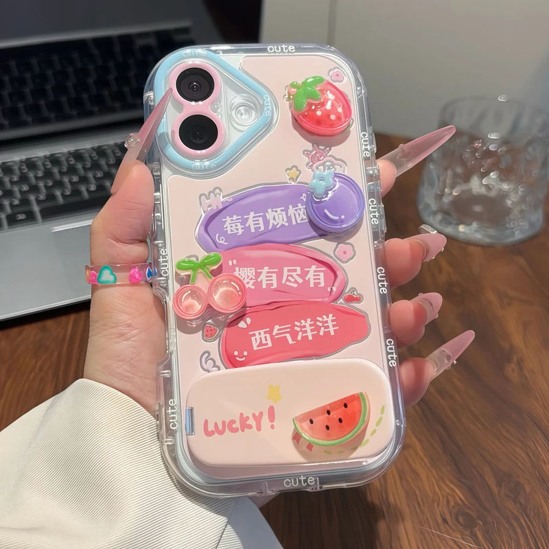 莓有烦恼适用苹果16镜面支架手机壳iphone15水果贴件保护套13pro|undefined