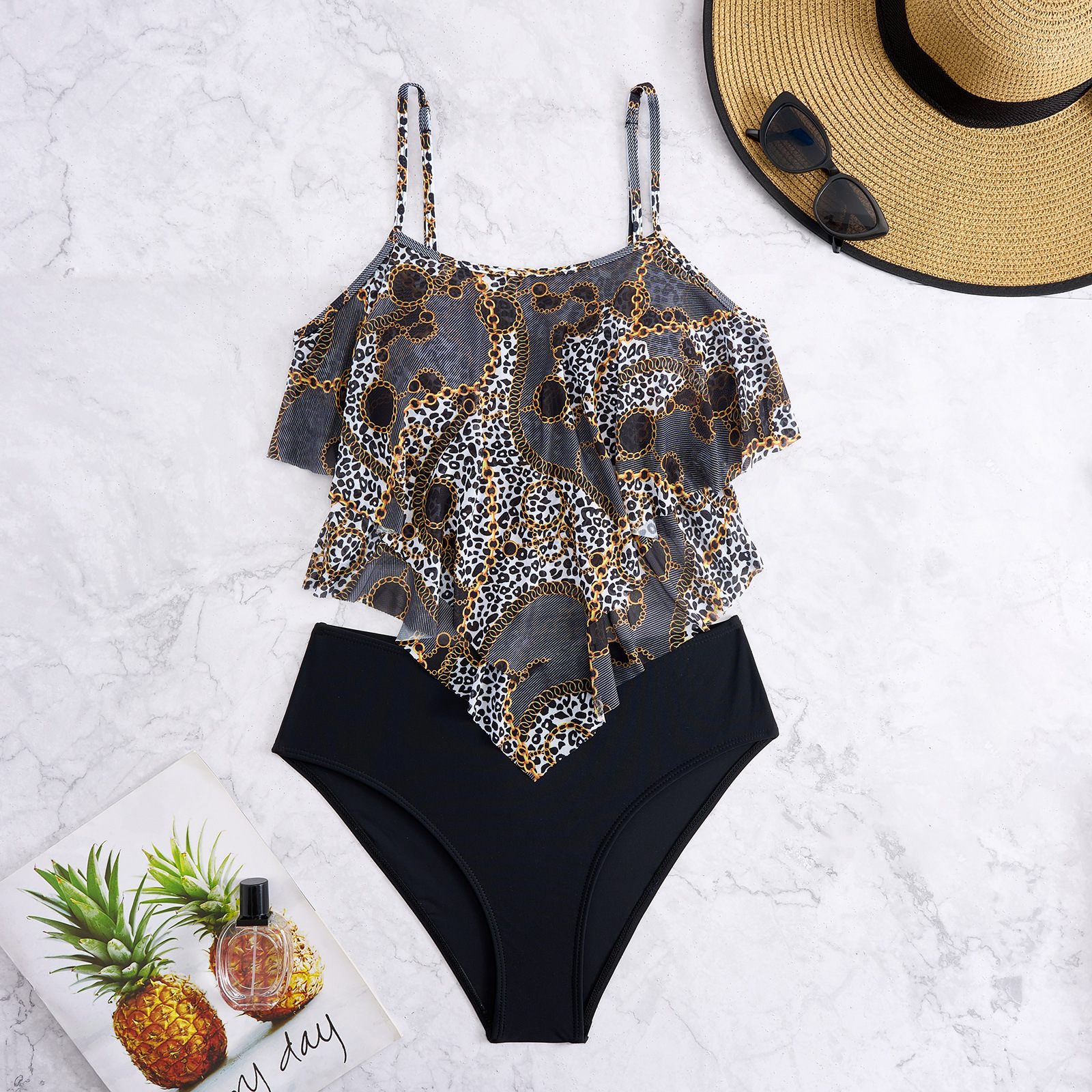 Dam bikini med hög midja och blommigt tryck med volanger_voghion.com