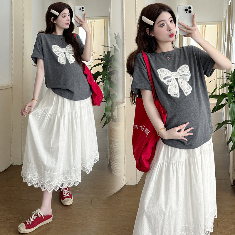 2025 Summer New Cotton Loose Bow Embroidered T-shirt Top Skirt Pregnant Women's suit