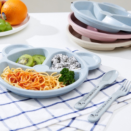 Wheat straw cartoon children's compartmented dinner plate kindergarten student bear tableware set children's tableware lunch box