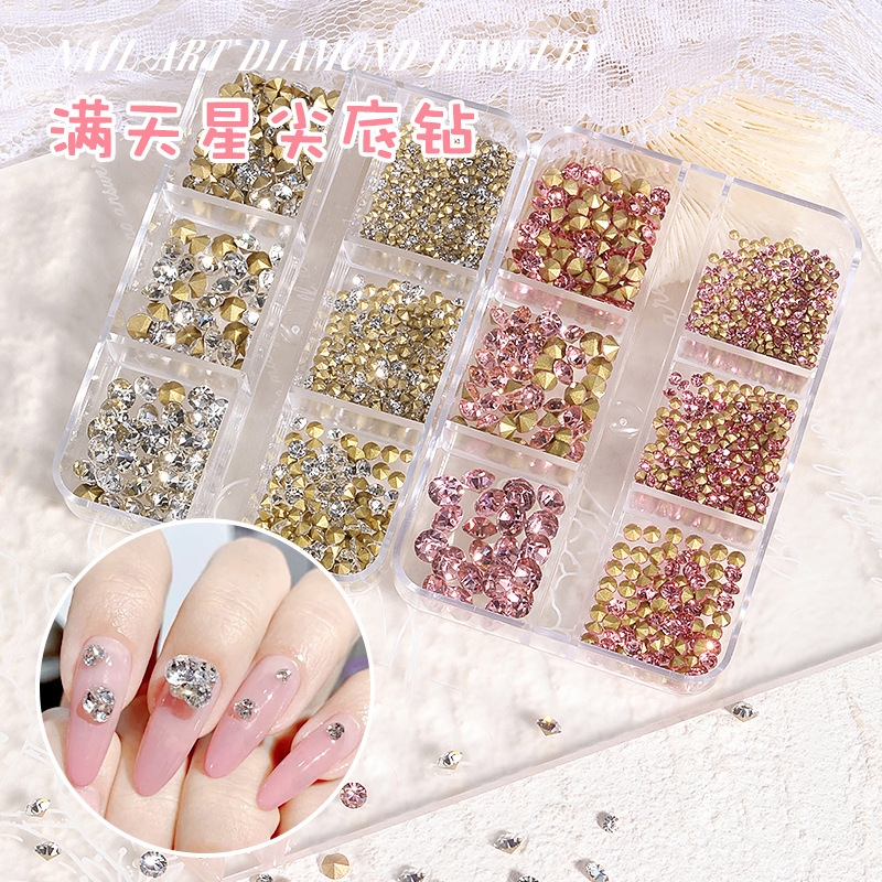 Manicure Gypsophila Pointed Bottom Diamond Blush Nail Glass Rhinestone Pink White Diamond Small Pile Diamond Nail Decoration 6 Grids Mixed Pack
