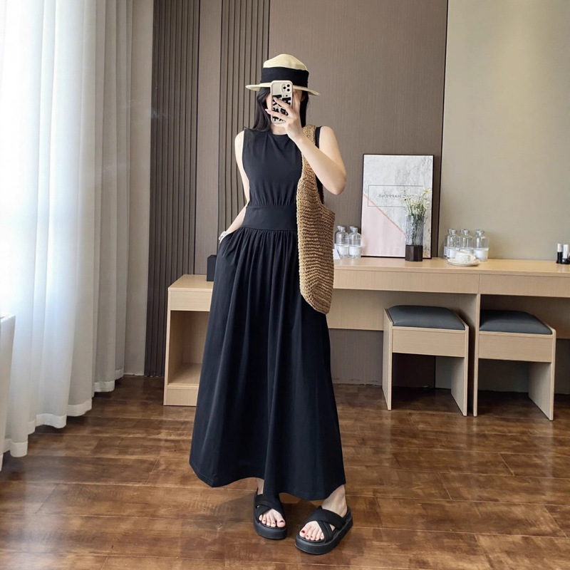To Black Pure Cotton Sleeveless Mid-Length A-Line Waist Slimming Look Dress for Women