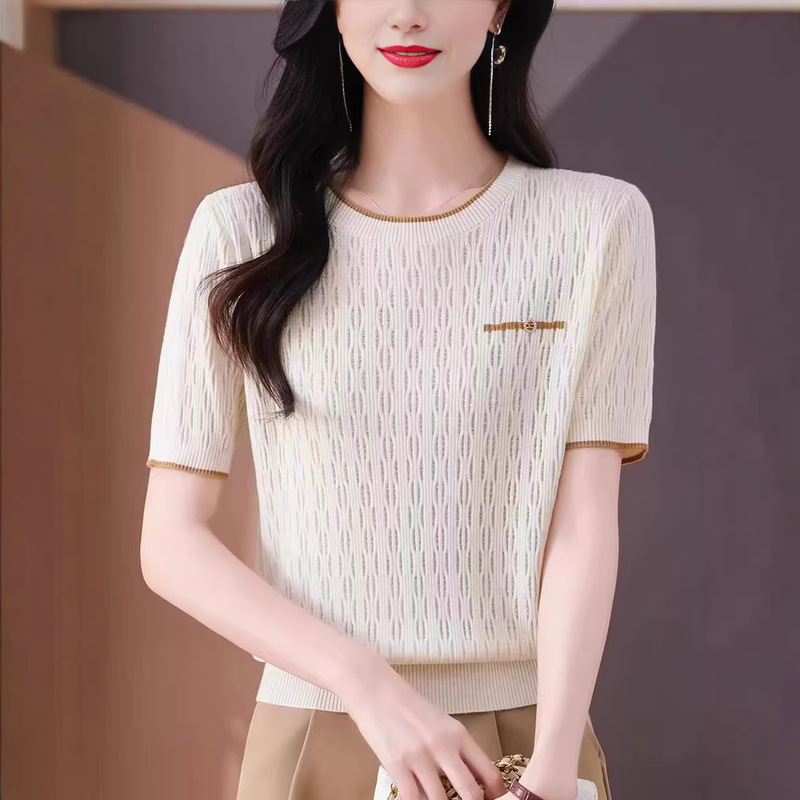 Women's Silk Top 26 New Style Color-Blocking Breathable Ice Silk Knit Shirt Round Neck Thin Loose Short-Sleeve T-Shirt Women's Silk Top 26 New Style Color-Blocking Breathable Ice Silk Knit Shirt Round Neck Thin Loose Short-Sleeve T-Shirt