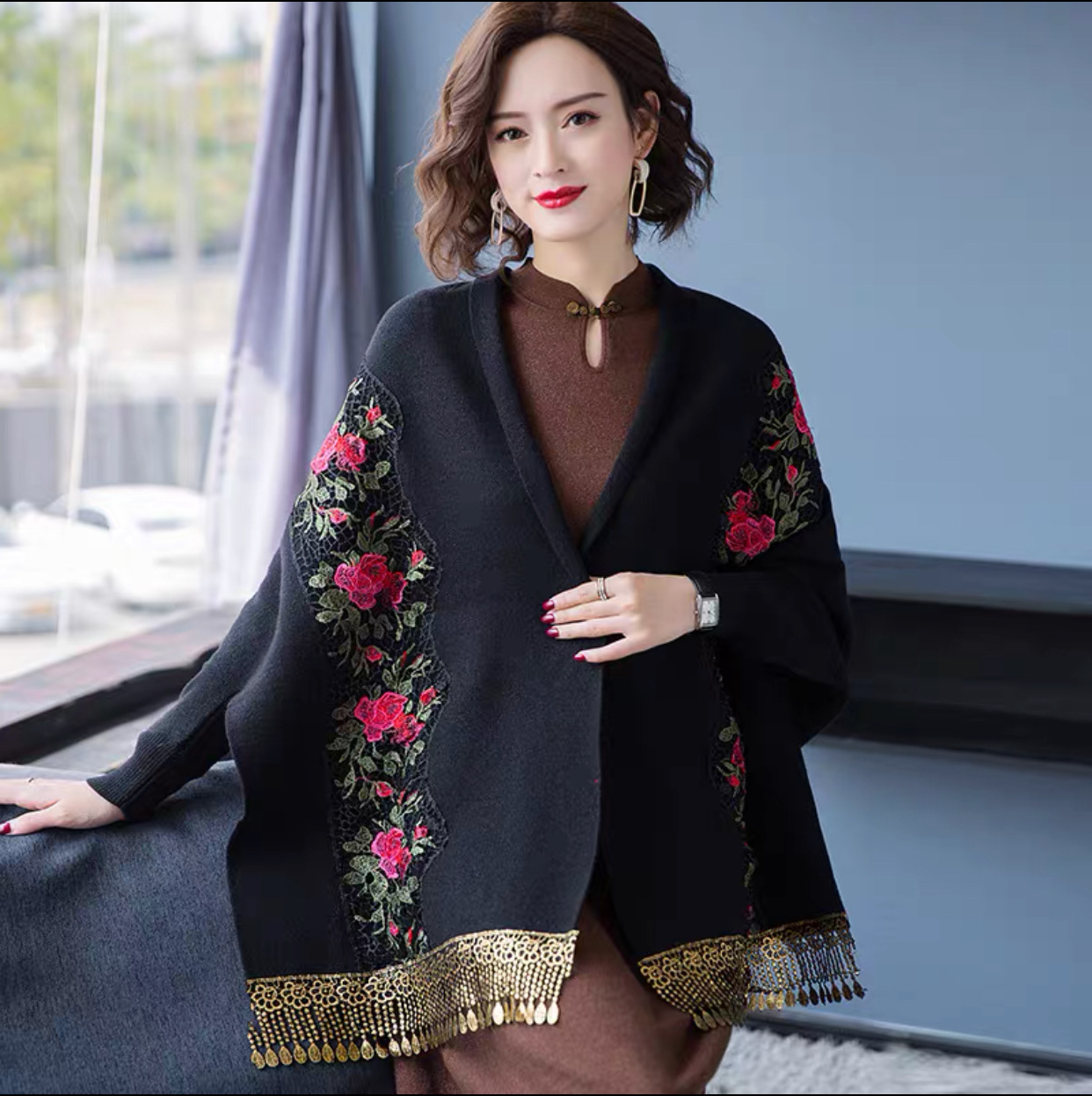 Pelerină tricotată cu ciucuri brodate, pelerină cu mânecă de liliac, pulover îngroșat, palton cardigan_voghion.com