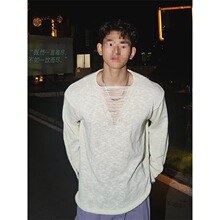 跨境春秋性张力镂空针织衫男深V慵懒风套头毛衣男薄款破坏设计感