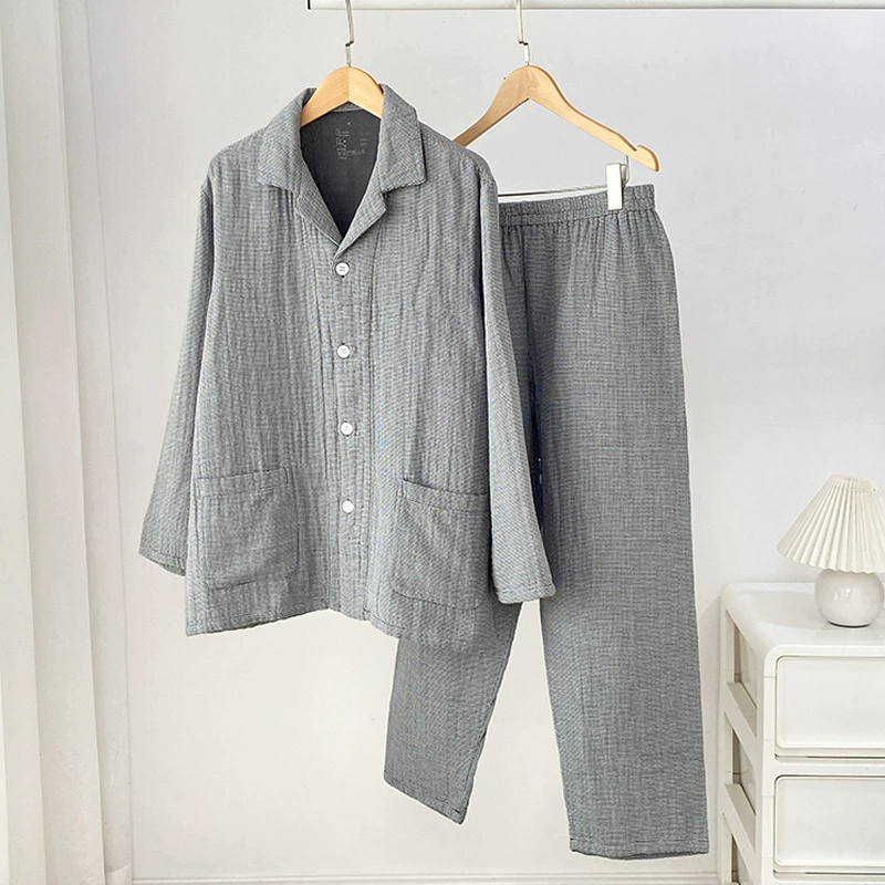 Без печати хороший японский стиль утолщенный хлопок четырехслойный марлевый пижама для мужчин и женщин свитой с длинными рукавами