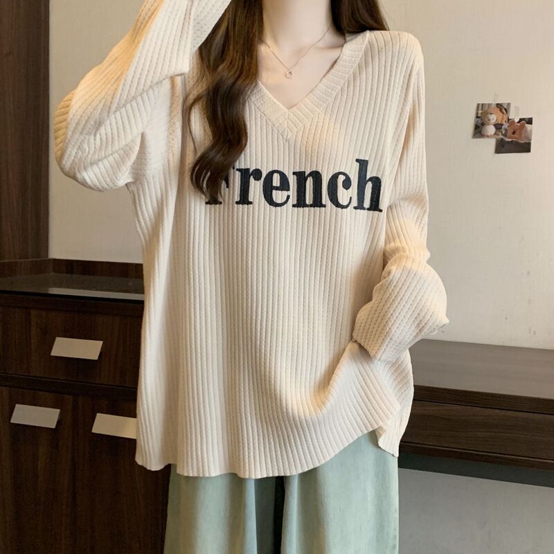 怠惰な風の大きいサイズのvネックのゆったりした長袖のtシャツの婦人服の早秋の新型の肉を遮ってカジュアルな中の長い上着の潮になります。|undefined