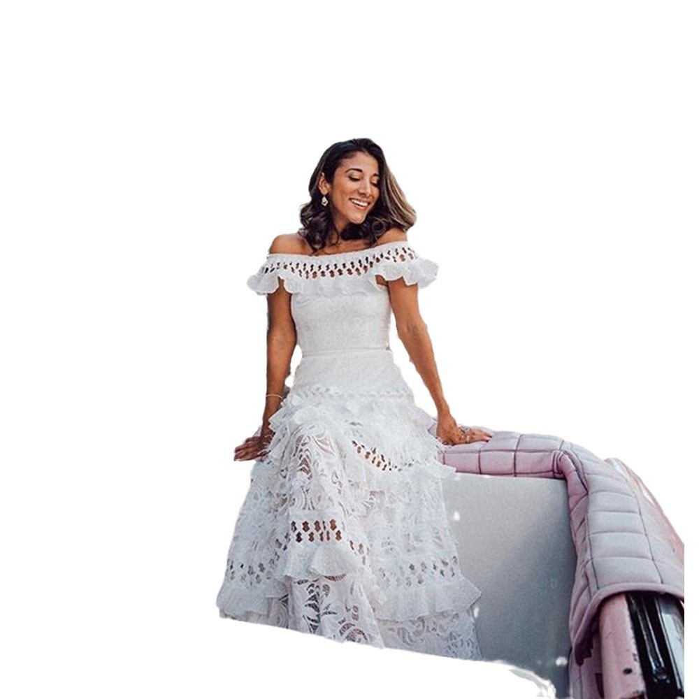 Vestido de encaje con volantes, hombros descubiertos, abertura y bajo amplio, estilo europeo y americano, nueva colección primavera/verano 2025 para mujer.