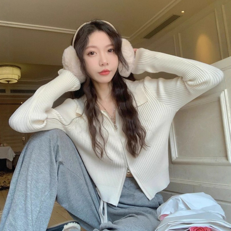 Polo Collar Knitted Cardigan for Women, Thin Style, 2025 Early Autumn New Model, Slim Fit, Short Style, Double Zipper, Long Sleeve Top Polo Collar Knitted Cardigan for Women, Thin Style, 2025 Early Autumn New Model, Slim Fit, Short Style, Double Zipper, Long Sleeve Top