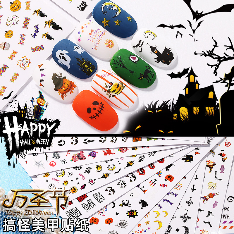 Halloween Nail Art Stickers Wholesale Funny Pumpkin Skull 3d Adhesive Dark Wind Wear Nail Decorative Decals