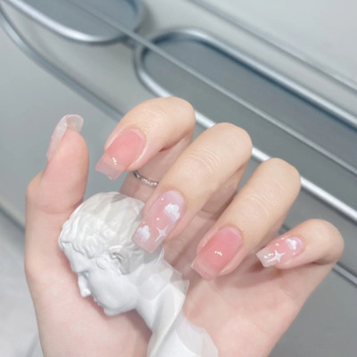 Wearing Mid length version star Flaky clouds A piece of finished product senior Pale pink student Nail enhancement Patch French Fake nails