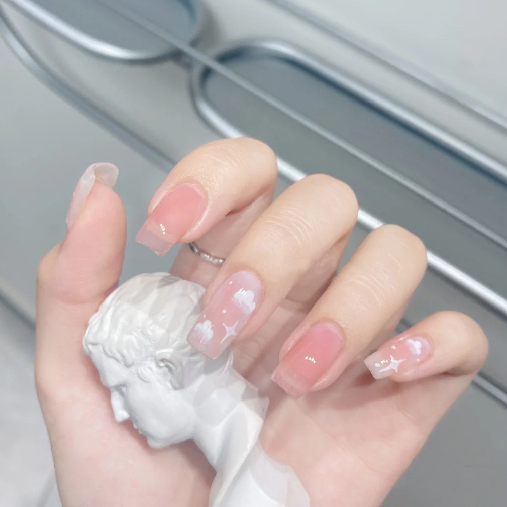 Wearing Mid length version star Flaky clouds A piece of finished product senior Pale pink student Nail enhancement Patch French Fake nails