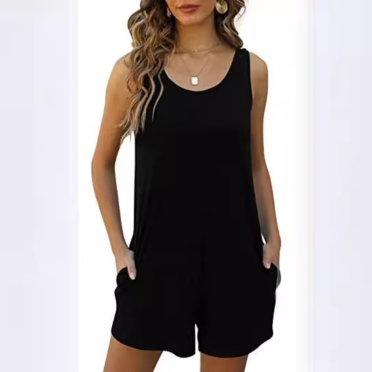 Cross Border Women's 2023 Amazon New Women's Summer Casual Vest Sleeveless Crewneck Jumpsuit Shorts with Pocket Cross Border Women's 2023 Amazon New Women's Summer Casual Vest Sleeveless Crewneck Jumpsuit Shorts with Pocket