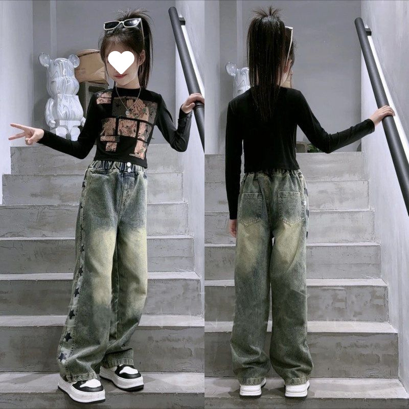 中大女童阔腿裤星星牛仔裤子女儿童修身显瘦裤子女