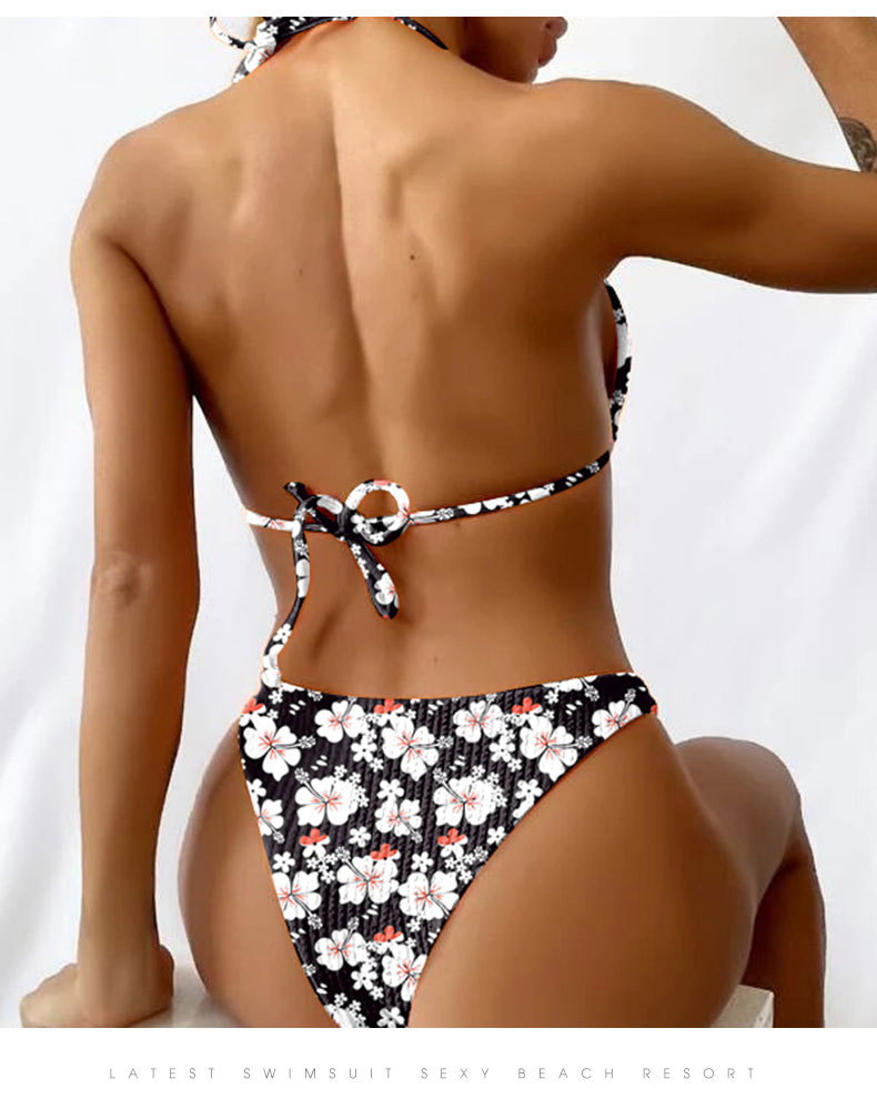 hanging neck wrap chest rings floral bikini two-piece set NSLRS133392