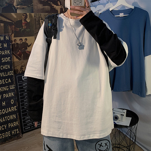 Men's Pure Color Long-Sleeve T-Shirt Top, Casual Two-Piece Blouse, Spring and Autumn Season Trendy Loose Fit Underwear Fashion, Instagram Style Body Shirt