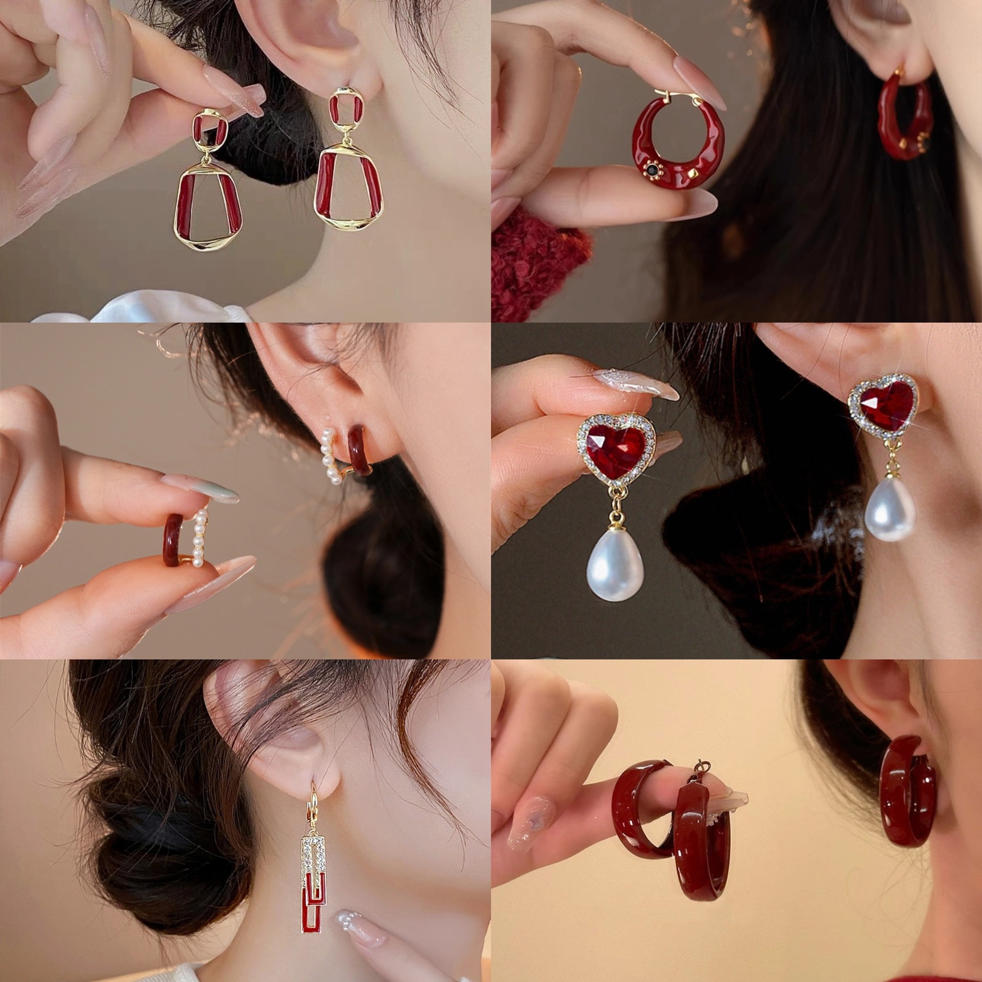跨境耳饰红色浪漫系列 复古珐琅滴油耳圈 不规则几何镶钻合金耳环