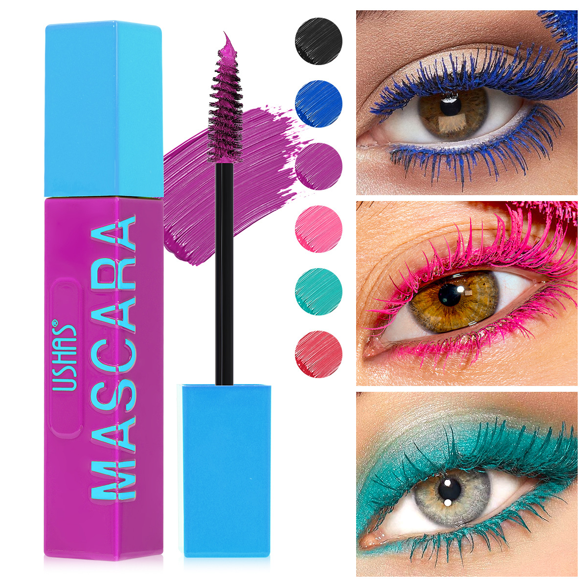 USHAS mascara espesa y delgada, mascara de seis colores naturales sin manchas UC035