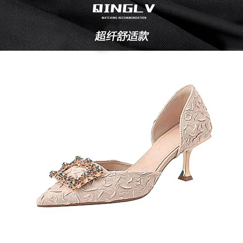 Temperamento francés, tacones altos de todo fósforo, mujeres, primavera y otoño, diamantes de imitación, tacones de aguja puntiagudos, zapatos de dama de honor, zapatos individuales diarios, sandalias Baotou, verano