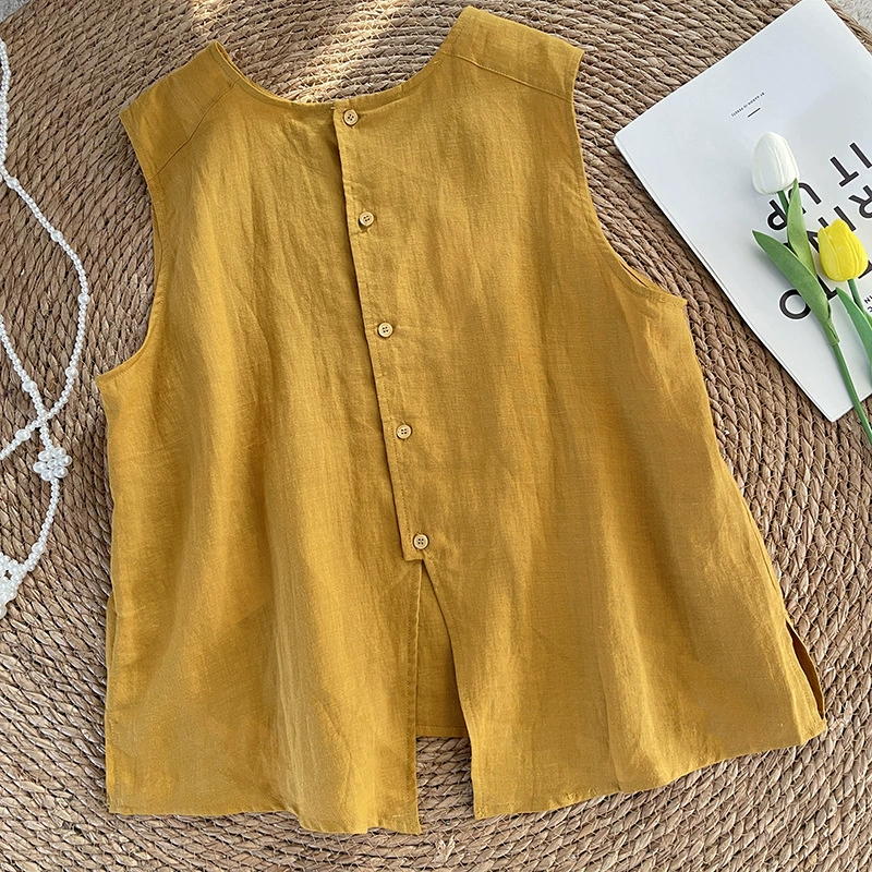 Ретро с круглым вырезом хлопчатобумажная льняная рубашка женская 2025 лето новый темпераментный свободный тонкий жилет из хлопка без рукавов