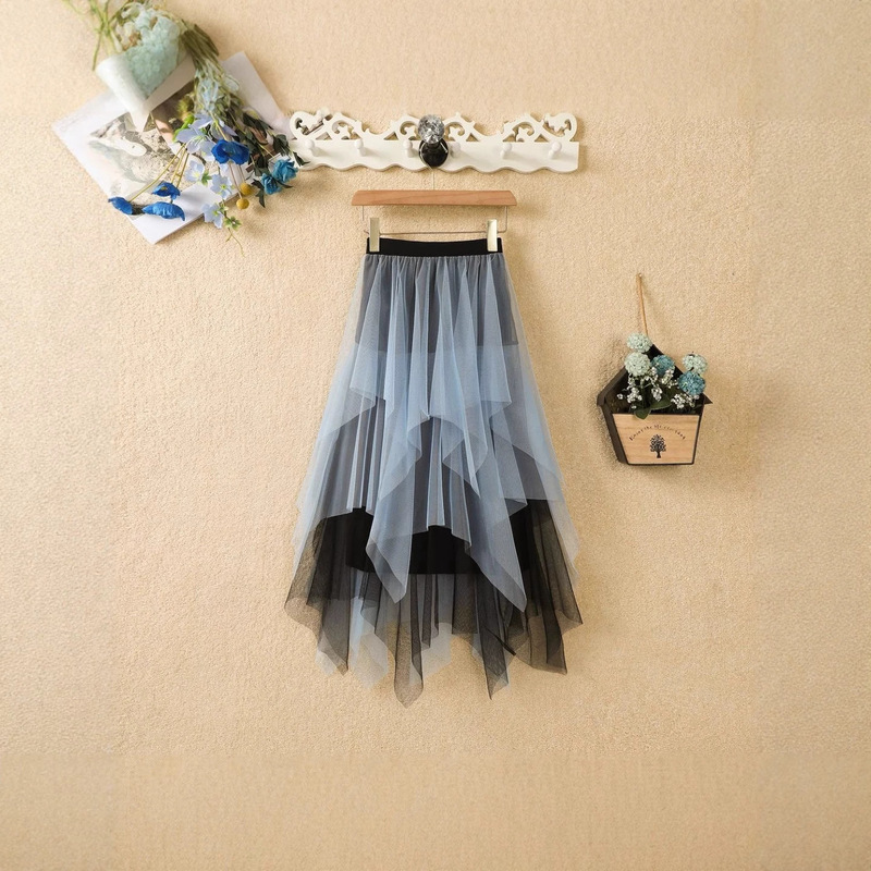 Irregular Color-Blocked Mesh Skirt, High-Waisted, Loose and Slimming Look, A-Line, Large Hem, Mid-Length Skirt