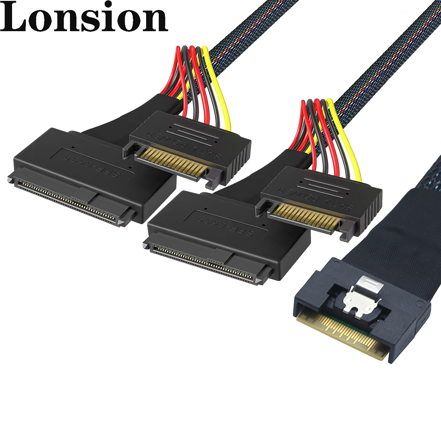 Slimline全包防斜插SFF-8654 8i 74P转2个SFF-8639 U.2+15P连接线