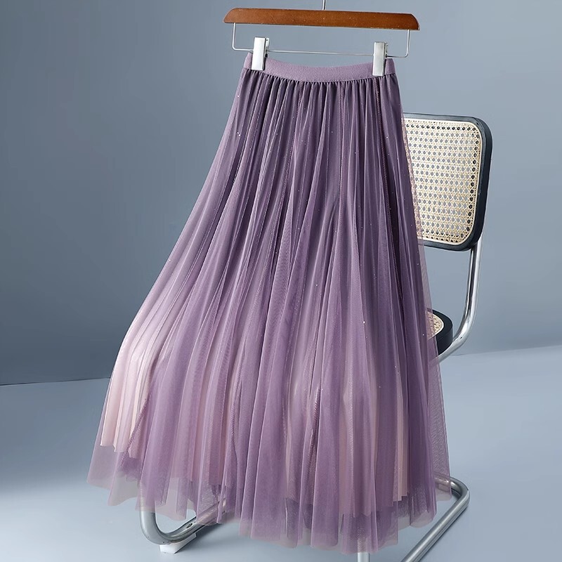 Gradient Starry Sky Sequins Sparkling Mesh Skirt Women's Mid-Length High Waist A- Line Pleated Inner Lining Skirt Fairy Skirt
