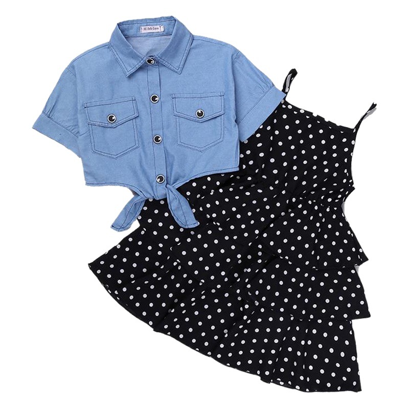 Explosiva ropa de niña transfronteriza 2025 verano para niños nueva chaqueta de mezclilla de manga corta traje de falda de princesa al por mayor