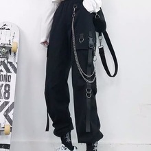 束脚工装裤女显瘦高腰秋季帅气黑色裤子女宽松直筒韩版潮流送链子
