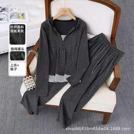 糯米套装春秋连帽女设计感松紧腰阔腿裤休闲外套慵懒风外穿两件套