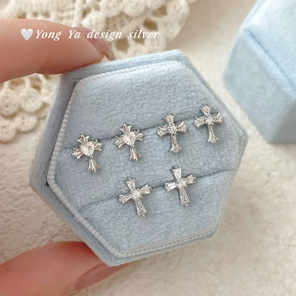 足银S999十字架耳钉冷淡风韩风气质个性微镶清新潮流百搭耳钉代发