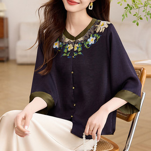 Loose Fashionable Casual Shirt Women's Three-Quarter Sleeve Retro Style Age-Reducing Short Slimming Look Top Summer 6723