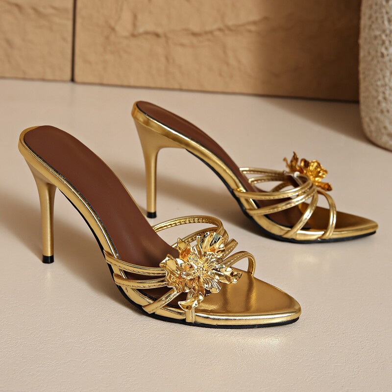 Strap Sandals for Women with Stiletto Heels 2025 Summer Sexy Royal Sister Golden Flower Outer Wear Open-Toe Black High-Heeled Slippers for Women