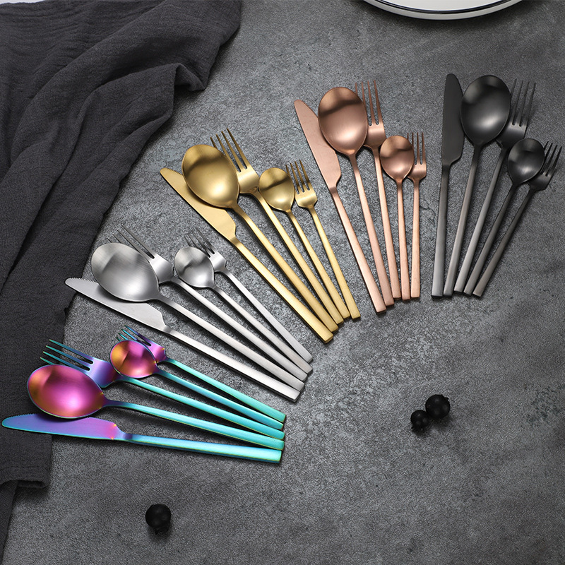 Stainless steel matte knife, fork and spoon set brushed sand square handle steak knife and fork Western tableware four-piece set five-piece set