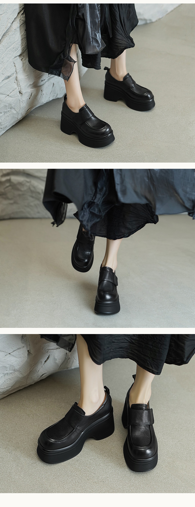 Giày loafer nữ đế xuồng cao gót 9 cm, da bò thật, quai dán tiện lợi — màu nâu, màu đen chi tiết 4