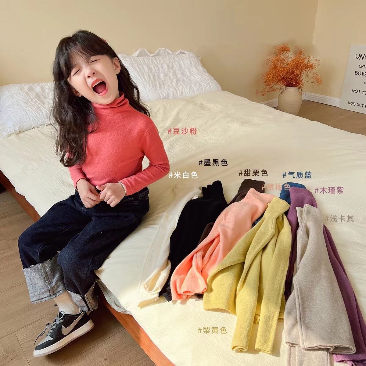 Suéteres infantiles al por mayor, prendas de punto para niñas, ropa infantil para otoño e invierno, camiseta de cuello alto de imitación de cachemira, cálida y bonita para niños pequeños.