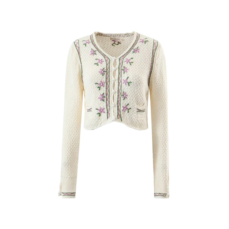 embroidered hem irregular V-neck single-breasted long-sleeved crop cardigan NSYXB137097