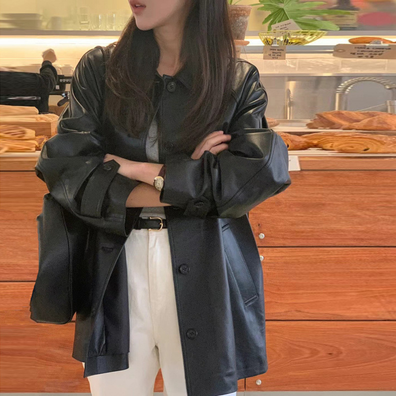 Sizes updated. INS influencer style, spring/autumn design, trendy retro black loose-fitting PU leather blazer jacket