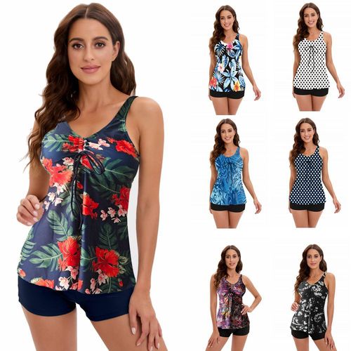 Swimsuit for plus-size women, one-piece style, solid color, floral print, belly cover, conservative and sexy, straight-leg pants, multi-color options