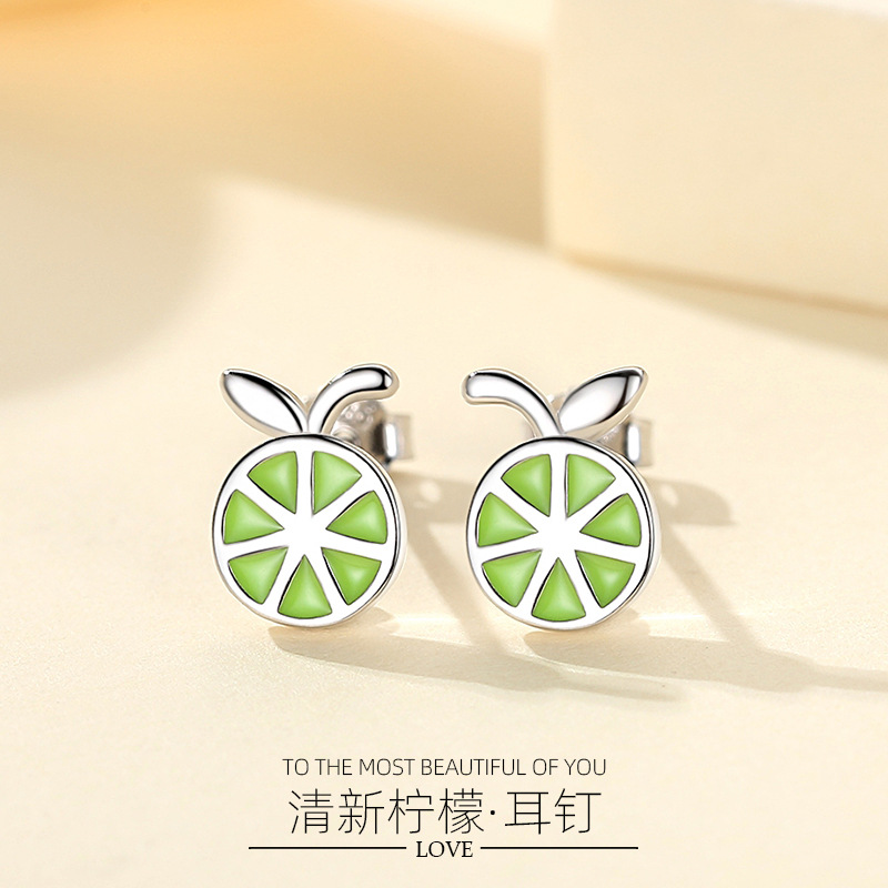 Plata esterlina S925 verano pequeño limón Stud pendientes de las mujeres moda estilo japonés y coreano pendientes de plata esterlina las mujeres lindo Internet celebridad mismo estilo
