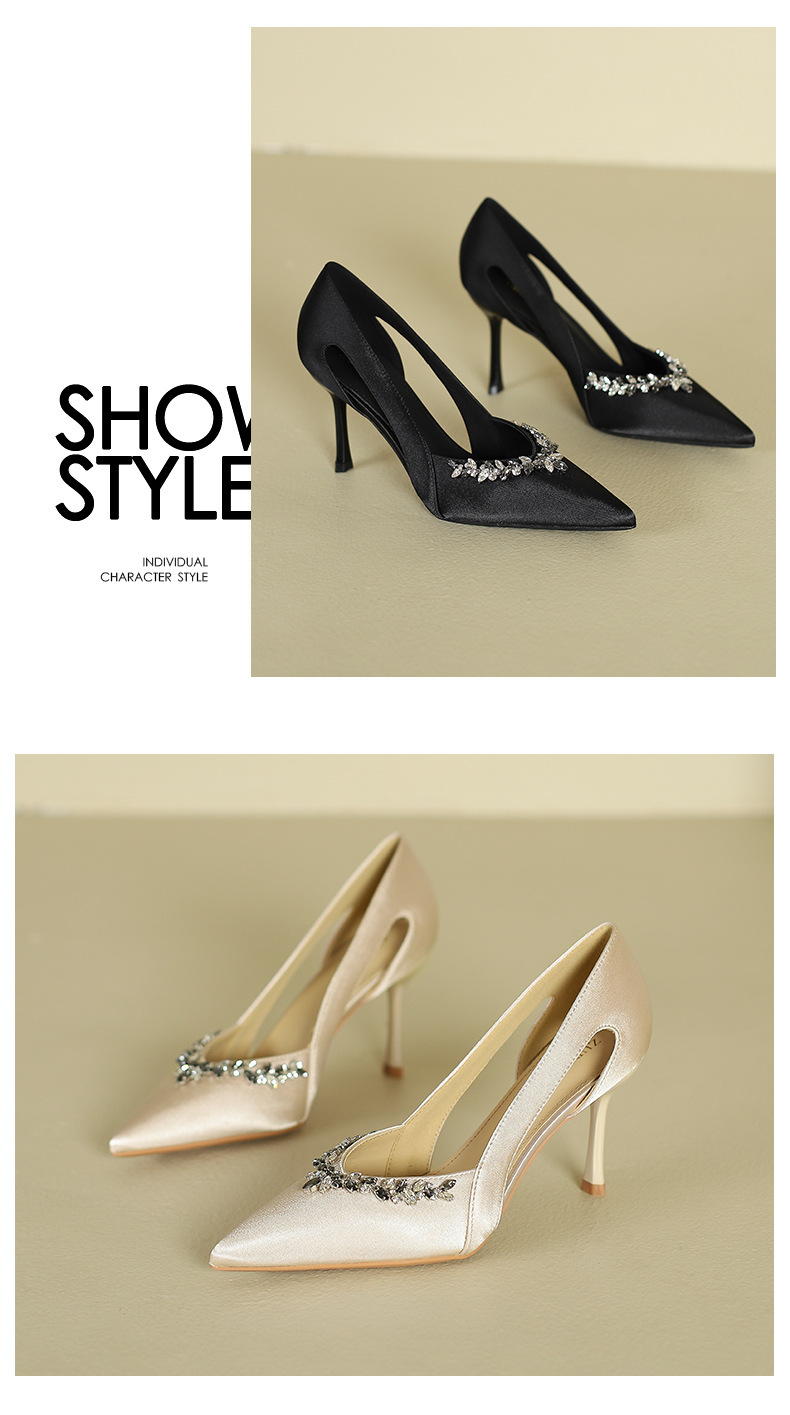 Sandal cao gót nữ mũi nhọn hở mũi đính đá rhinestone cổ chữ V — Màu đen chi tiết 8