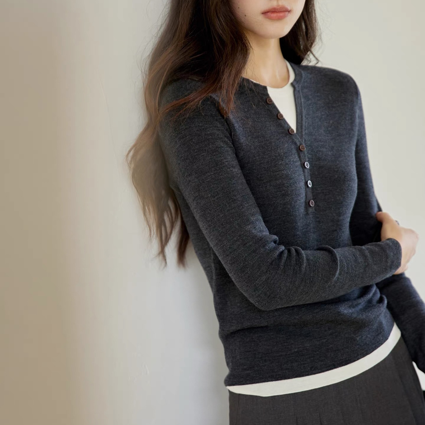 【Effortless Layering】Henley Collar Faux Two-Piece Slimming Ribbed Wool Knit Sweater for Women, Spring Long Sleeve Base Layer T-Shirt