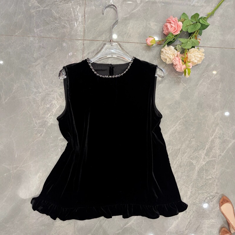 French-Style Silk Velvet Top with Ruffle Hem Design, Hand-Beaded Neckline, Small A-Line Versatile Shirt for Summer French-Style Silk Velvet Top with Ruffle Hem Design, Hand-Beaded Neckline, Small A-Line Versatile Shirt for Summer