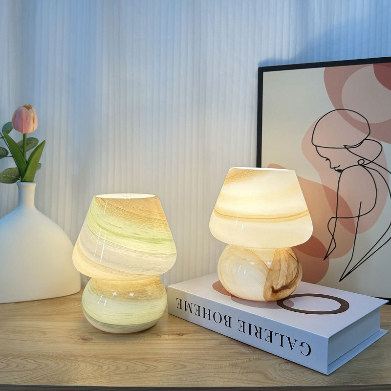 Lámpara de mesa decorativa para dormitorio, con forma de hongo, funciona con pilas, estilo nórdico moderno minimalista, de vidrio, para exportación.