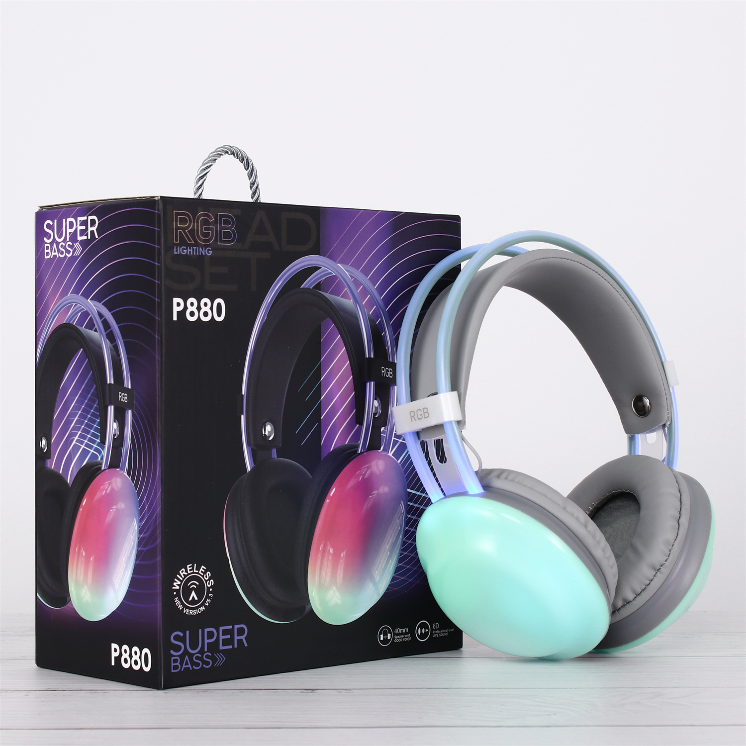 Nuevo auricular Bluetooth montado en la cabeza transfronterizo, auricular inalámbrico RGB luminoso de graves pesados, duración de la batería ultralarga y reducción de ruido
